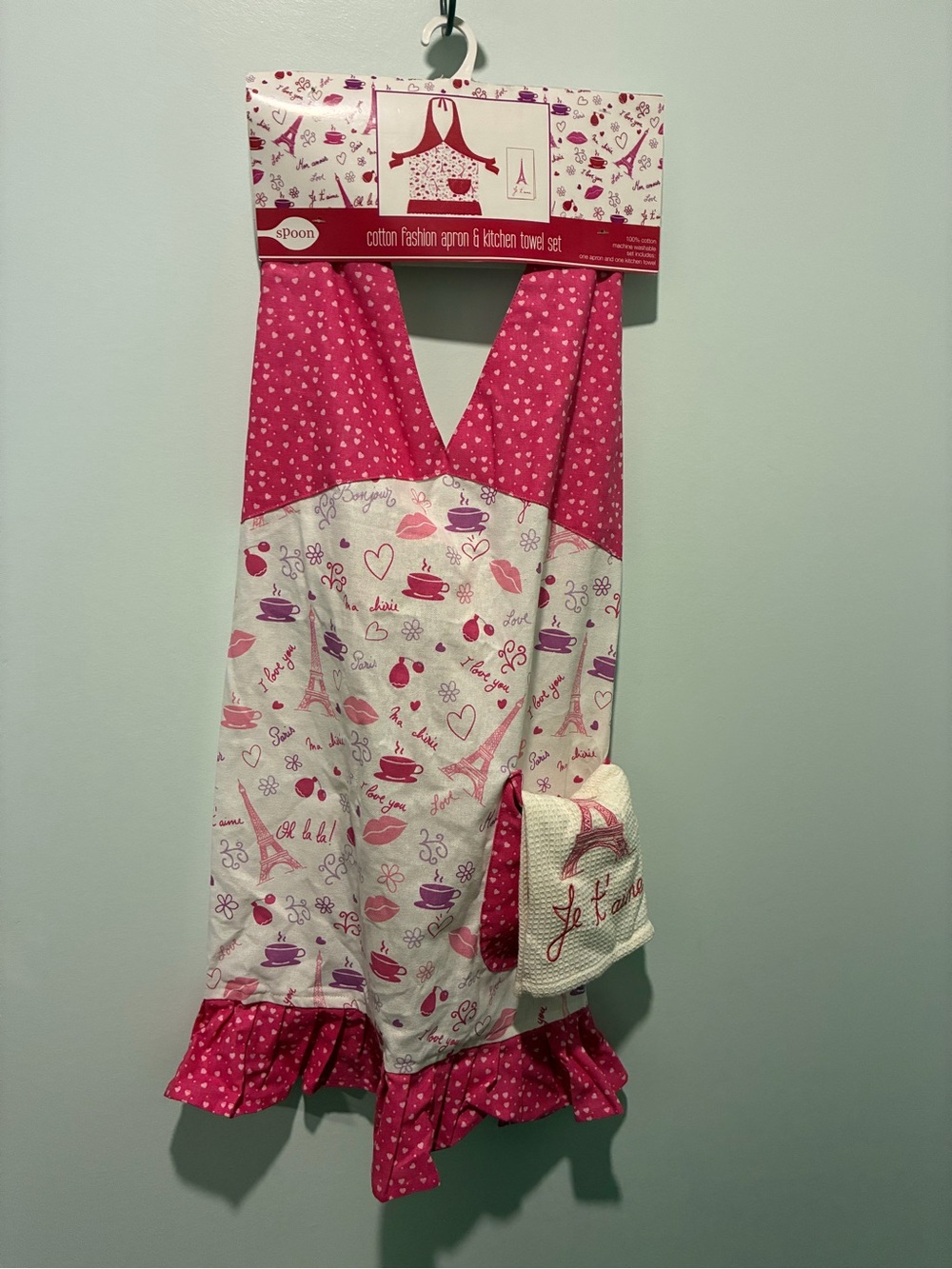 Paris Eiffel Tower Cotton Apron Teacloth Set Pink White New With Tags